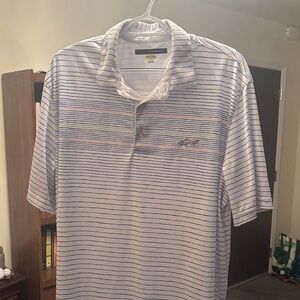 Greg Norman Collection White and Blue scribble lined Striped Polo